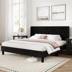 Black Velvet King Bed Frame with Headboard, Velvet Upholstered Wing Side Headboard with Pull & Point , No Box Spring Needed, Heavy Duty Feet, Easy Ass