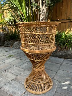 Vintage Mid Century Boho Chic Woven Peacock Wicker Rattan Plant Stand Pedestal