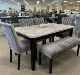 FAUX MARBLE DINING TABLE WITH CHAIRS AND BENCH