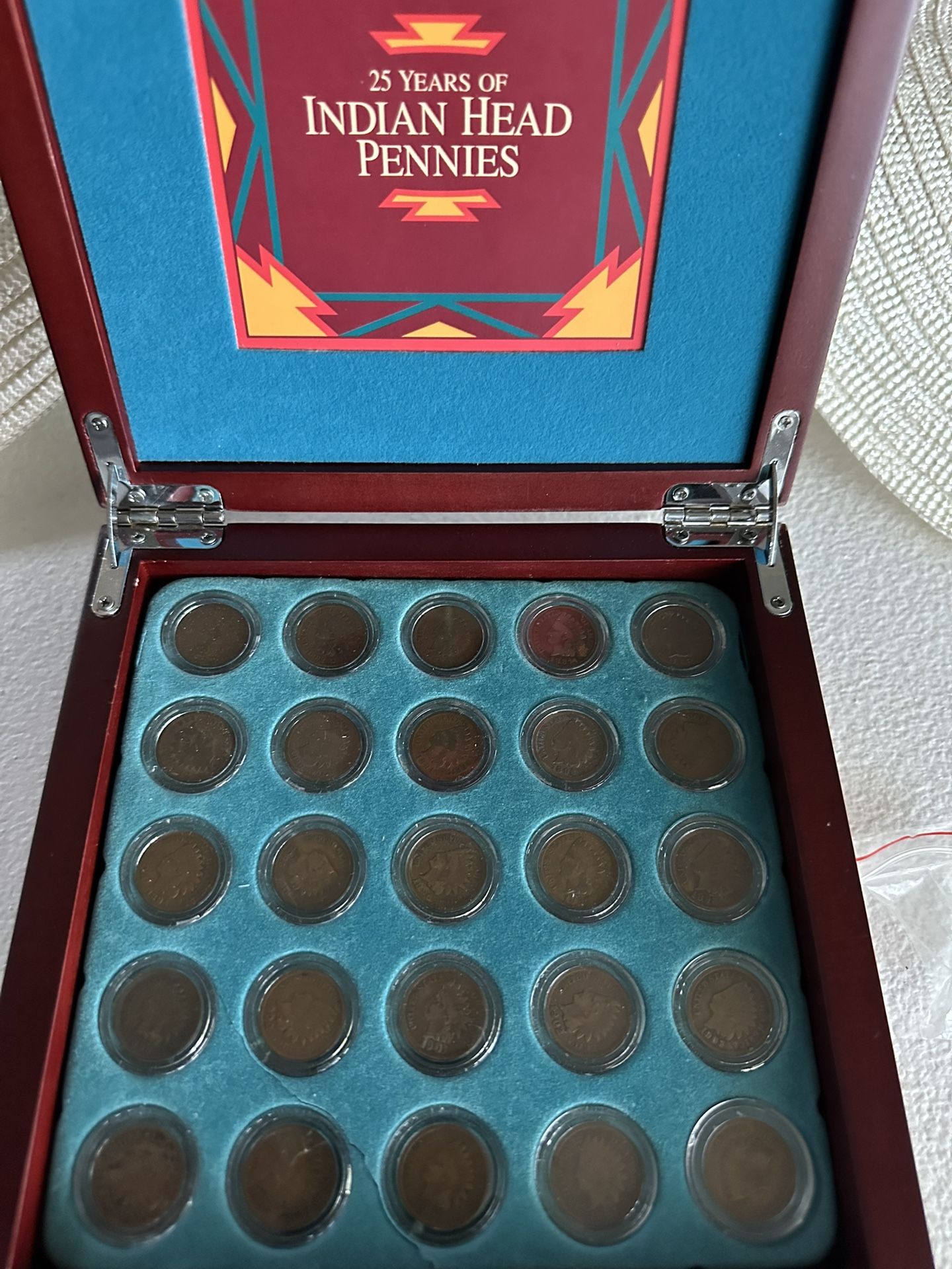 25 years of Indian Head Pennies in beautiful lockable wooden case