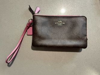 Coach Double Zip Leather Wristlet Wallet – Brown & Pink