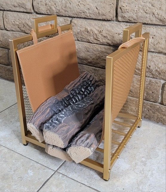 COMPACT Gold Tone Metal Compact Log Splits Kindling Storage Rack