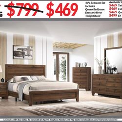 4pc Bedroom Set $469 Queen $499 Eastern King Includes bedframe Dresser mirror nightstand Brown Bedroom Set
