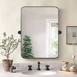 24"x36" Matte Black Pivot Mirror for Bathroom, Metal Frame Bathroom Mirrors for Wall，Rectangle Titli