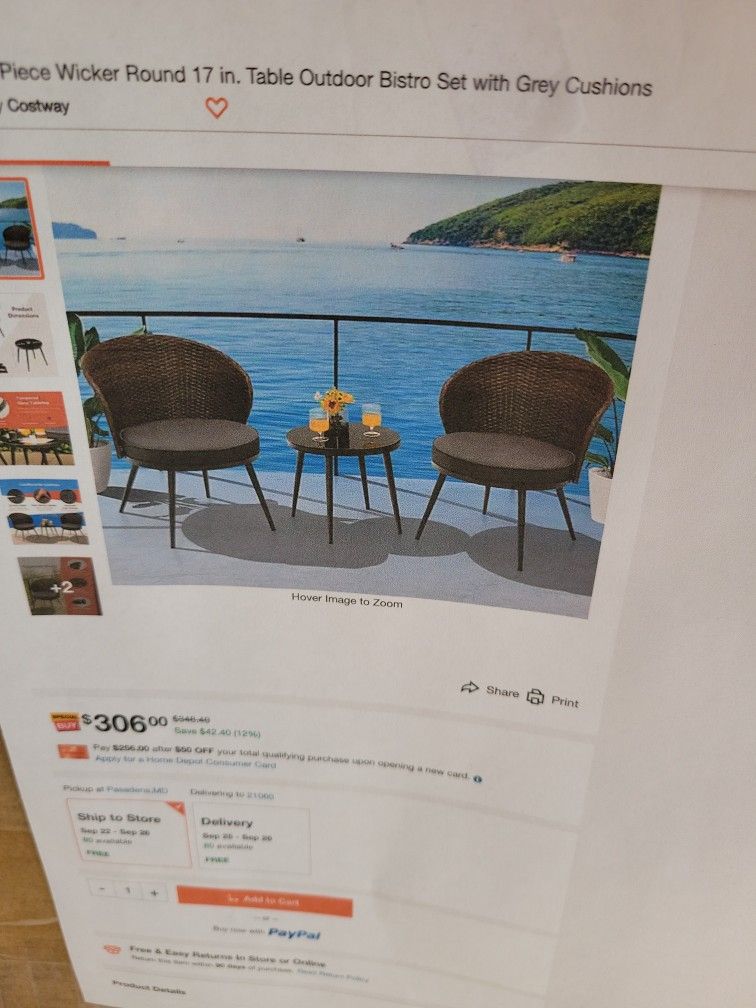 3 Piece Wicker Outdoor Bistro Set w/Round 17 in Table With Grey Cushioms
