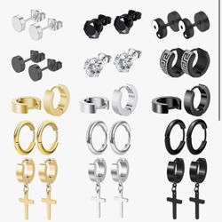 15 Pairs Earrings for Men, Black Silver 14K Gold Plated Stainless Steel Earrings Stud Hoop for Men Women, Fashion Ear Piercing Jewelry Cross Dangle Ho