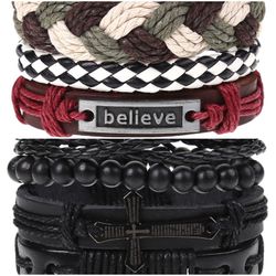 2 x Set Adjust. Size up to 9.5inc Leather Bracelet, (Believe_1-Cross)