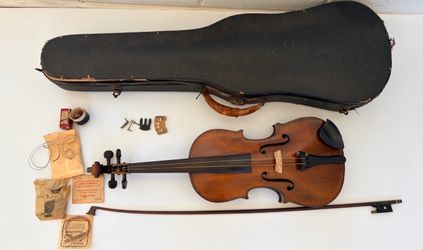 Antique German 4/4 Violin Flamed Maple Back No Label + Case Bow Strings