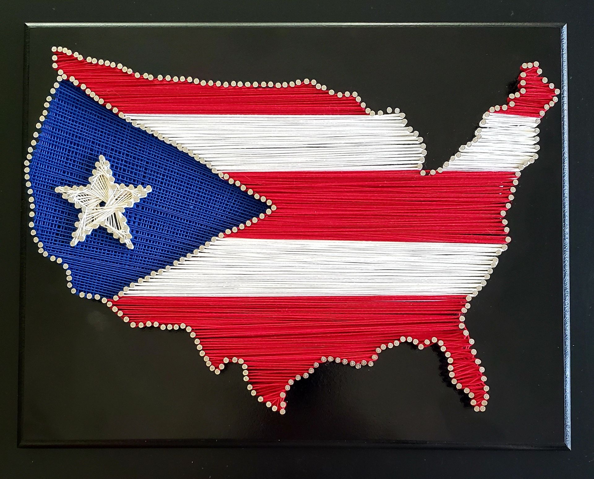 Handmade string art U.S. Outline w/Puerto Rico Flag Colors