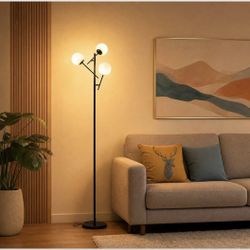 Fiqevs 3 Globe Floor Lamp for Living Room, Swing Arms Standing Tree Lamp 3000K Warm White Light, 3 LED Bulbs Included, Adjustable Orb Glass Shade Mid 