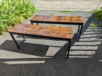 2 wooden benches with metal legs