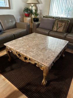Carved Wood and Marble Coffee Table