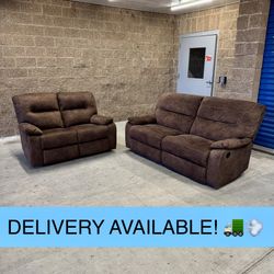 Brown Microfiber Manual Reclining Couch Sofa and Loveseat Set (DELIVERY AVAILABLE! 🚛💨)