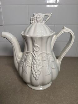 White Ceramic Teapot with Embossed Grape Design