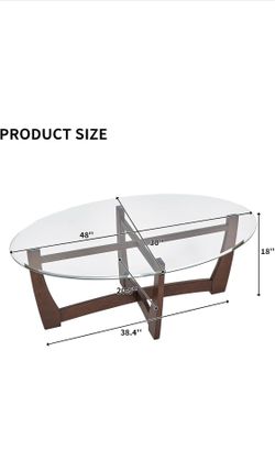 Oval Tempered Glass Coffee Table with Solid Wood Base