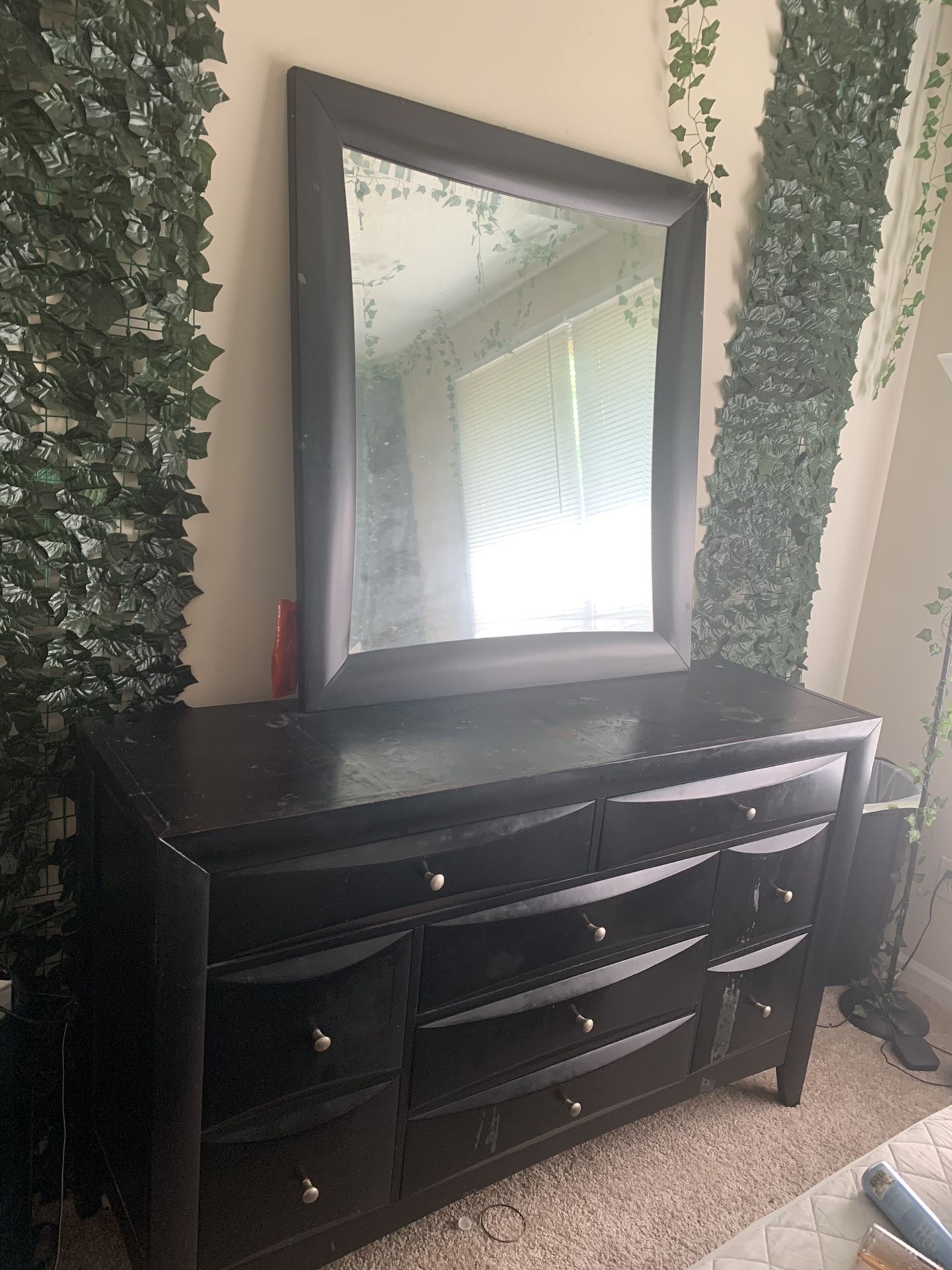 Large Black Oak Dresser & Nightstand Set W Mirror