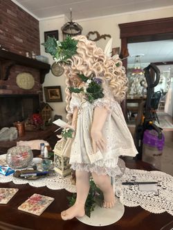 Marry Ellen & Charles Porcelain Fairy Doll Blonde Curly Hair w/ Stand