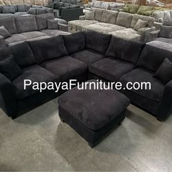 New! Corduroy Black Sectional And Ottoman, Sectional Sofa, Black Couch, Black Sofa, Sectional And Ottoman, Plush Sectional Couch, L-Shaped Sofa Couch 