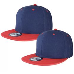 LOGA Navy and Red 2 Pack Blank Plain Polyester Snapback Hat Plastic Snap Flat Visor High Crown