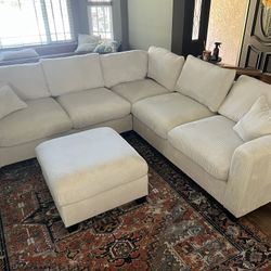 New Corduroy Fabric Sectional.  Off White / Beige.  99” X 99”.  Free Delivery!