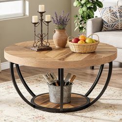 Tribesigns Round Coffee Table, 32" Circle Coffee Table for Living Room, Modern 2-Tier Wood Accent Center Table with Storage Open Shelves, Wooden Grain