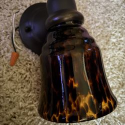 This is a wall sconce with a tortoise swirl glass shade
