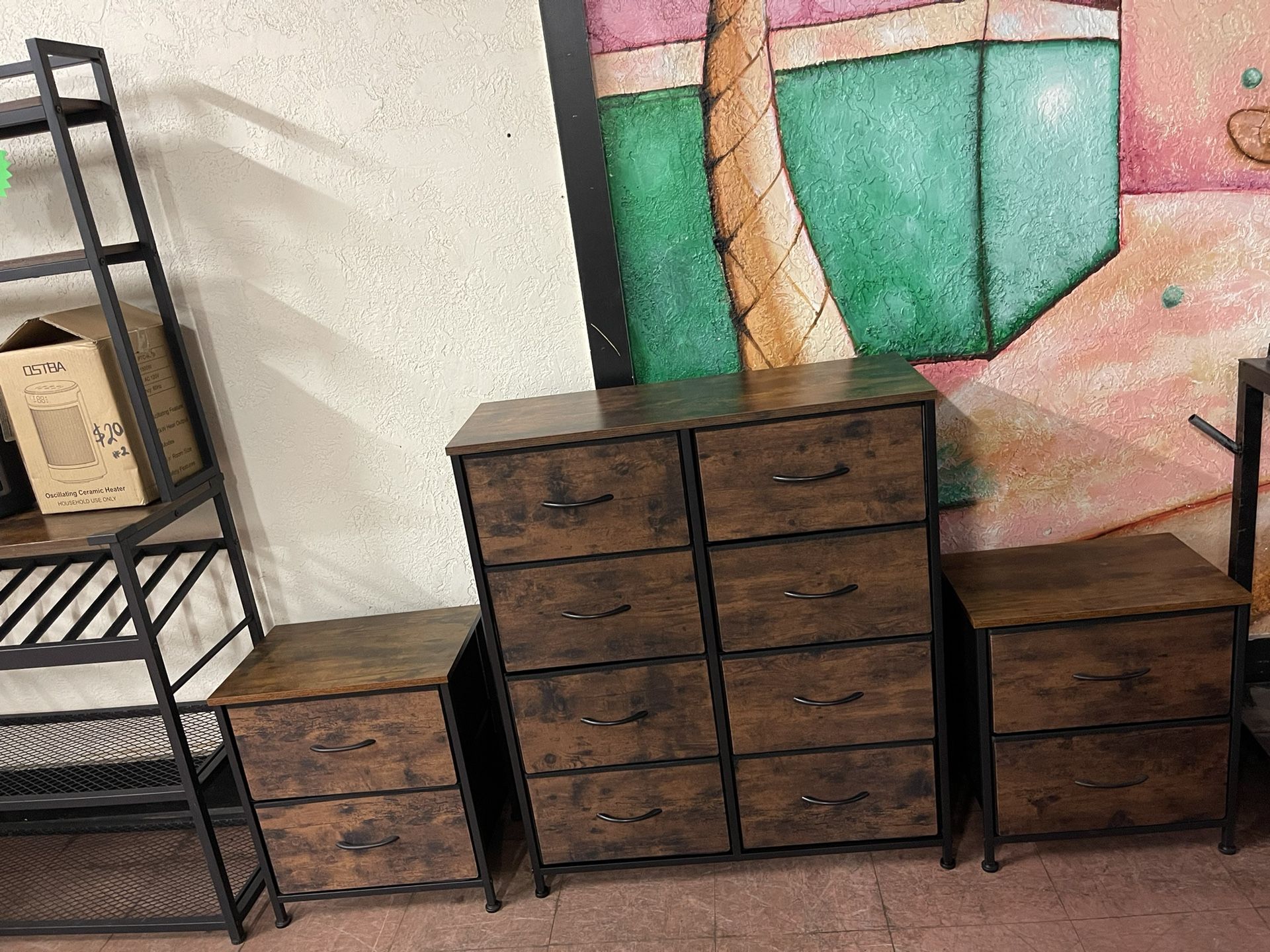 3 Pieces, New Fabric Dresser And 2 Nightstands .