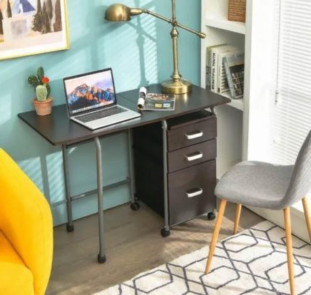 Folding Computer Laptop Desk Wheeled Home Office Furniture w/3 Drawers Brown