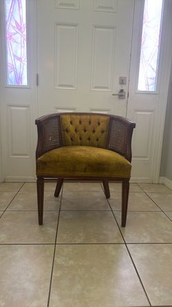 Vintage Wooden Accent Chair | Cane Back | Mustard Velve