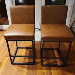 Brown Faux Leather Counter Height  Chairs (Set of 2 )