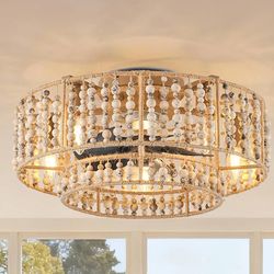 20" Boho Ceiling Fan Light w/ Hemp Rope & Wooden Beads, Remote Control, 6-Speed
