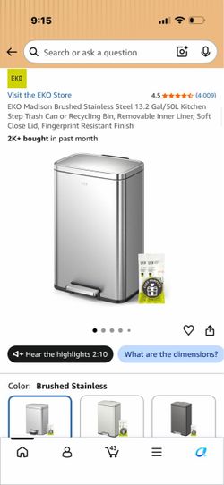 EKO Madison Brushed Stainless Steel 13.2 Gal/50L Kitchen Step Trash Can
