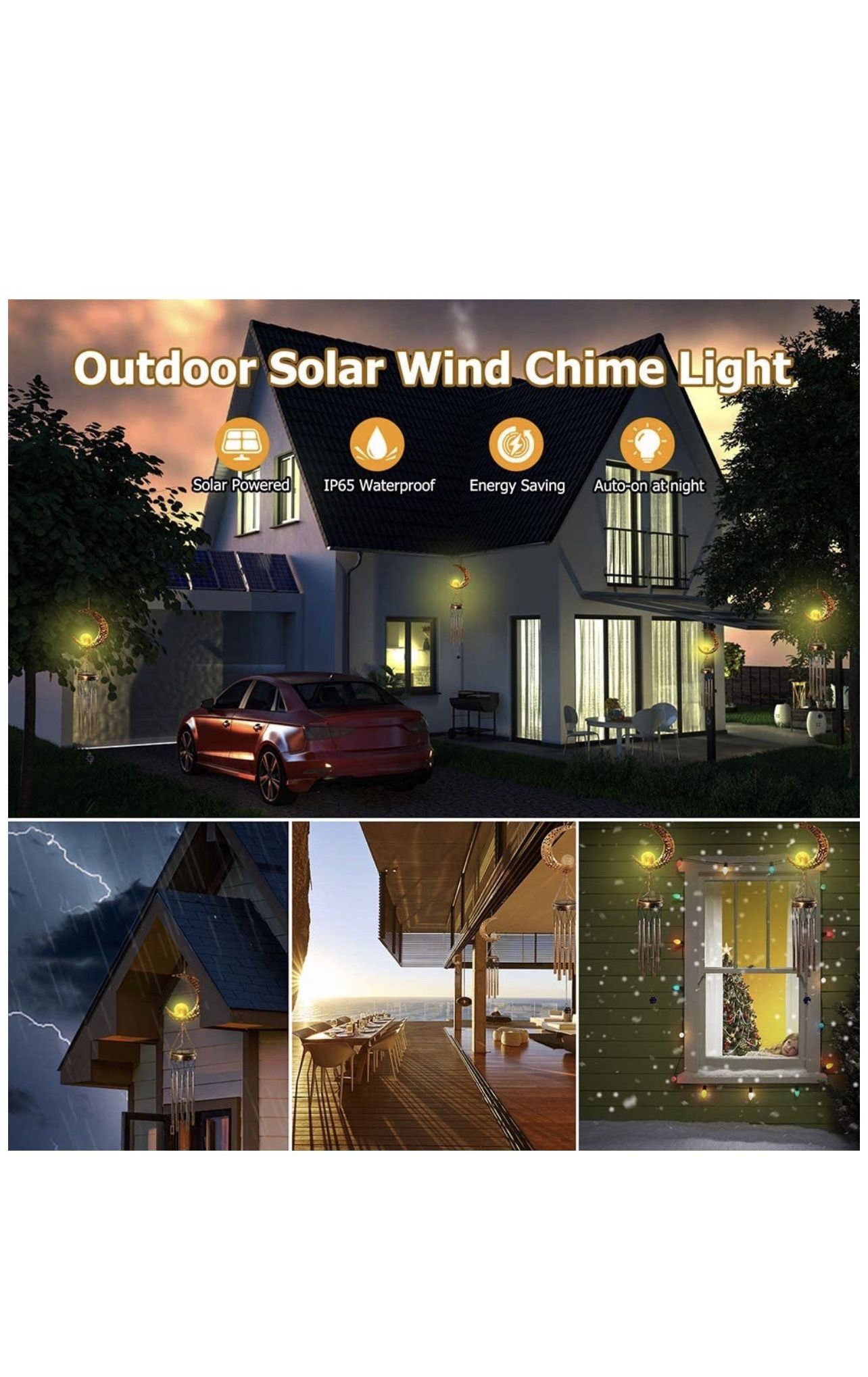 Solar Wind Chimes for Outside, Memorial Wind Chimes with Moon Crackle Glass Ball Warm LED Light, Sympathy Wind Chimes with Metal Tubes Waterproof Uniq