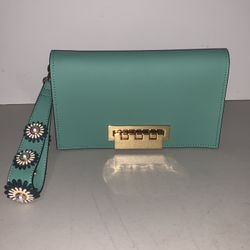 ZAC POSEN FLOWERS WRISTLET CLUTCH GREEN GOLD HARDWARE