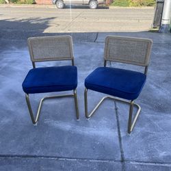 Set of 2 Modern Cane & Brass Cantilever Chairs – Blue Velvet Seat, Like New