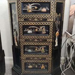 Nightstand Or Side Table Rare Chinese Black And Gold Lacquer With Drawers 