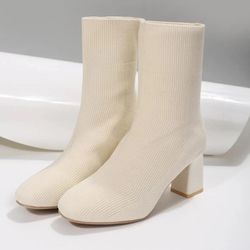 NEW Elegant Elastic Solid Color Socks Boots With Chunky Heels In Beige Color: Beige Size: 7