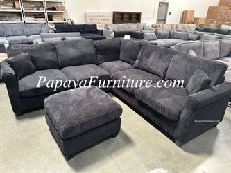 NEW Modern Black Fabric Sectional Sofa and Ottoman Set Seccional Couch Big Ashley Style SALE Large Discount Furniture  Modern Classic Mid Century