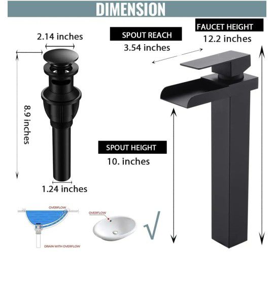 Black Bathroom Sink Faucet, Matte Black Tall Vessel Sink Faucet, Single Handle One Hole Water Fall Faucet Lavatory Vanity Sink Faucet with Pop-up Drai