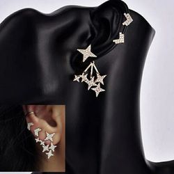 Punk Gold Silver Crystal Rhinestone Star Arrow Jacket Stud Earrings Set