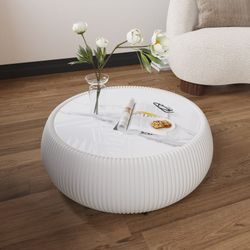 27.55" Round Coffee Table, Faux Marble Top Drum Shape Low Coffee Table, Modern Center Table with Leather Frame for Living Room
