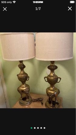Pair of 1960-Brass Ornate FooDog Table Lamps with Shades