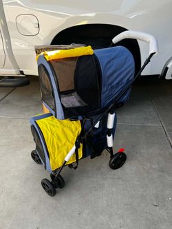 Folding Double Stroller for 2 Dogs or cat Stroller for Small Medium Dogs Cats Navy Blue and yellow