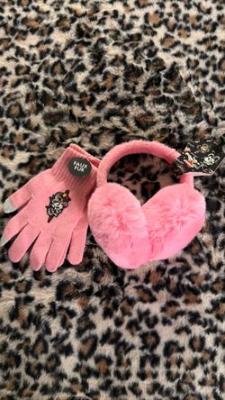 Pink Ed Hardy Ear Muffs and Gloves