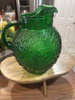 Vintage Emerald Anchor Hocking Pitcher Crinkle Glass 9”