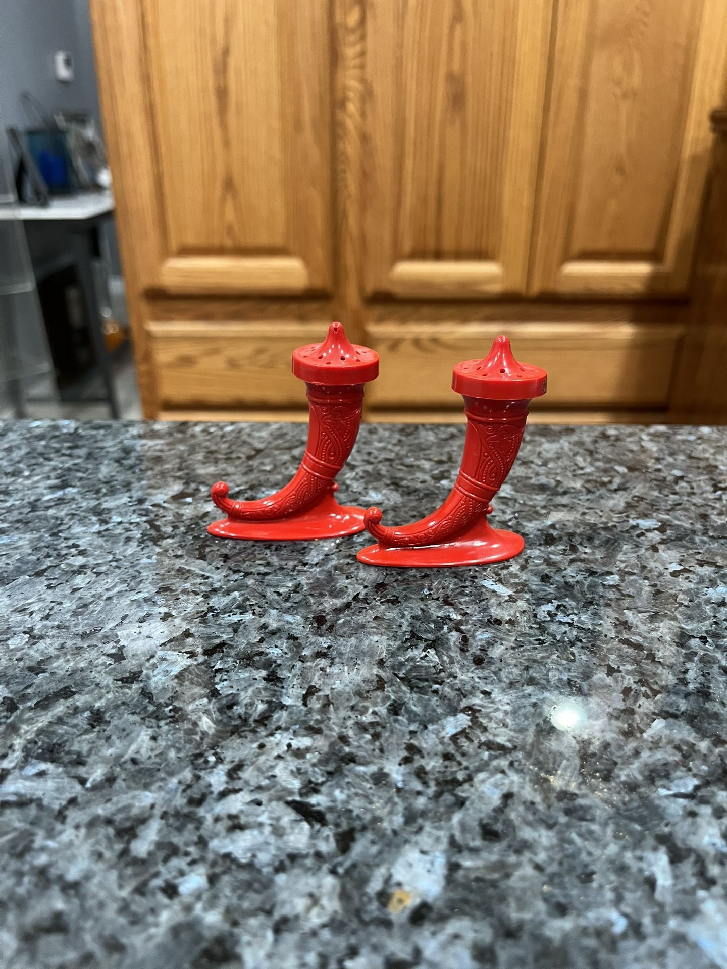 Plastic Viking Red horn salt and pepper shakers Have been on display in a cabinet with a very large salt and pepper shakers collection. Preowned good