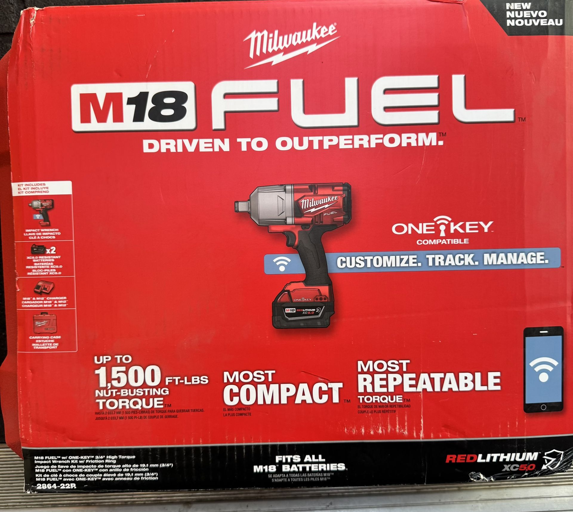 M18 FUEL ONE-KEY 18V Li-Ion Brushless Cordless 3/4 in. High-Torque Impact Wrench with Friction Ring, Resistant Batteries