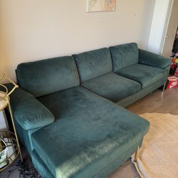 101” Wide Green Velvet Reversible Sofa & chaise