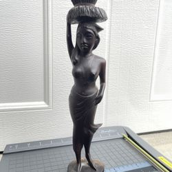 Black Wood Hand Carved Women With Basket On Her Head Home Decorative Figurine