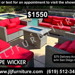 NEW🔥Outdoor Patio Furniture HDPE WICKER Grey with Red 4" cushions and Firepit ASSEMBLED